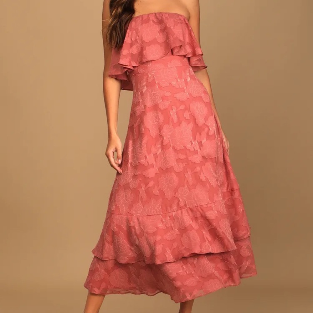 Love You So Truly Rusty Rose Burnout Floral Strapless Midi Dress